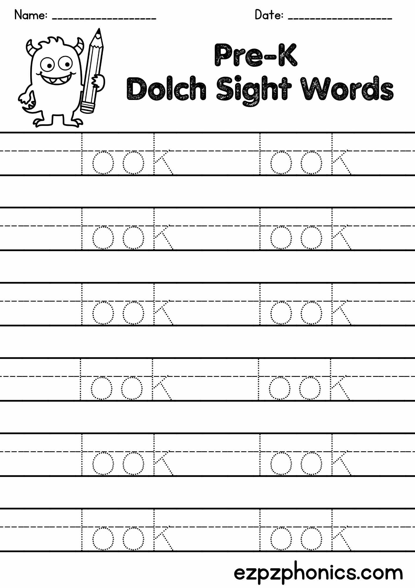 "look" Sight Word Tracing Worksheet Pre Kindergarten – Free PDF